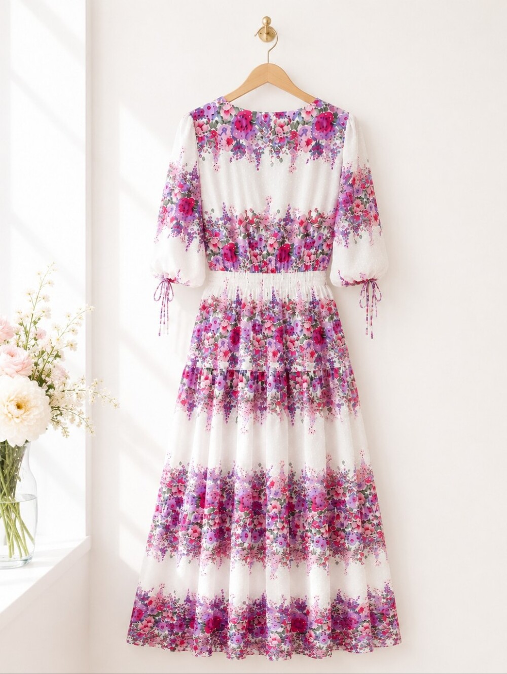 White and Pink Floral Maxi Dress - Women's V-Neck Tiered Dress - Picture 6 of 8